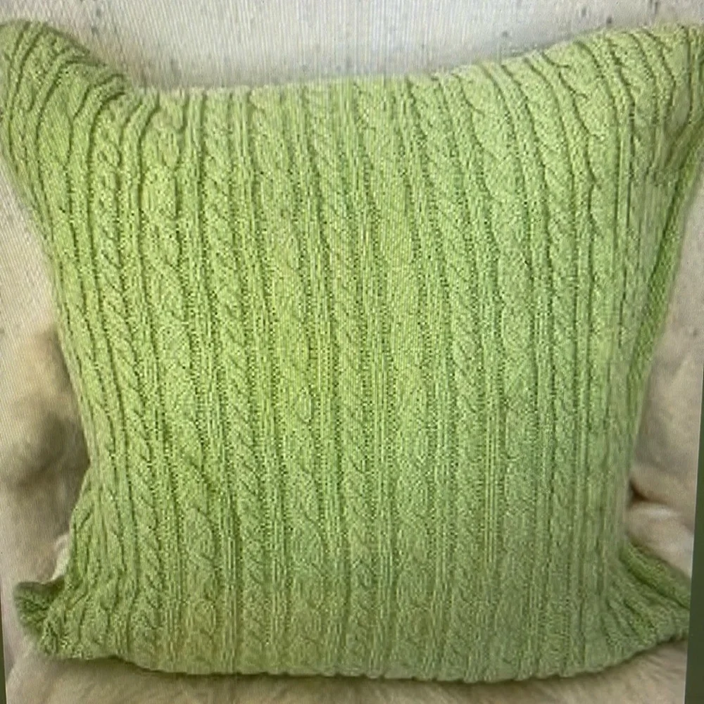 Light Green Large Zippered Feather Pillow. Cable Knit